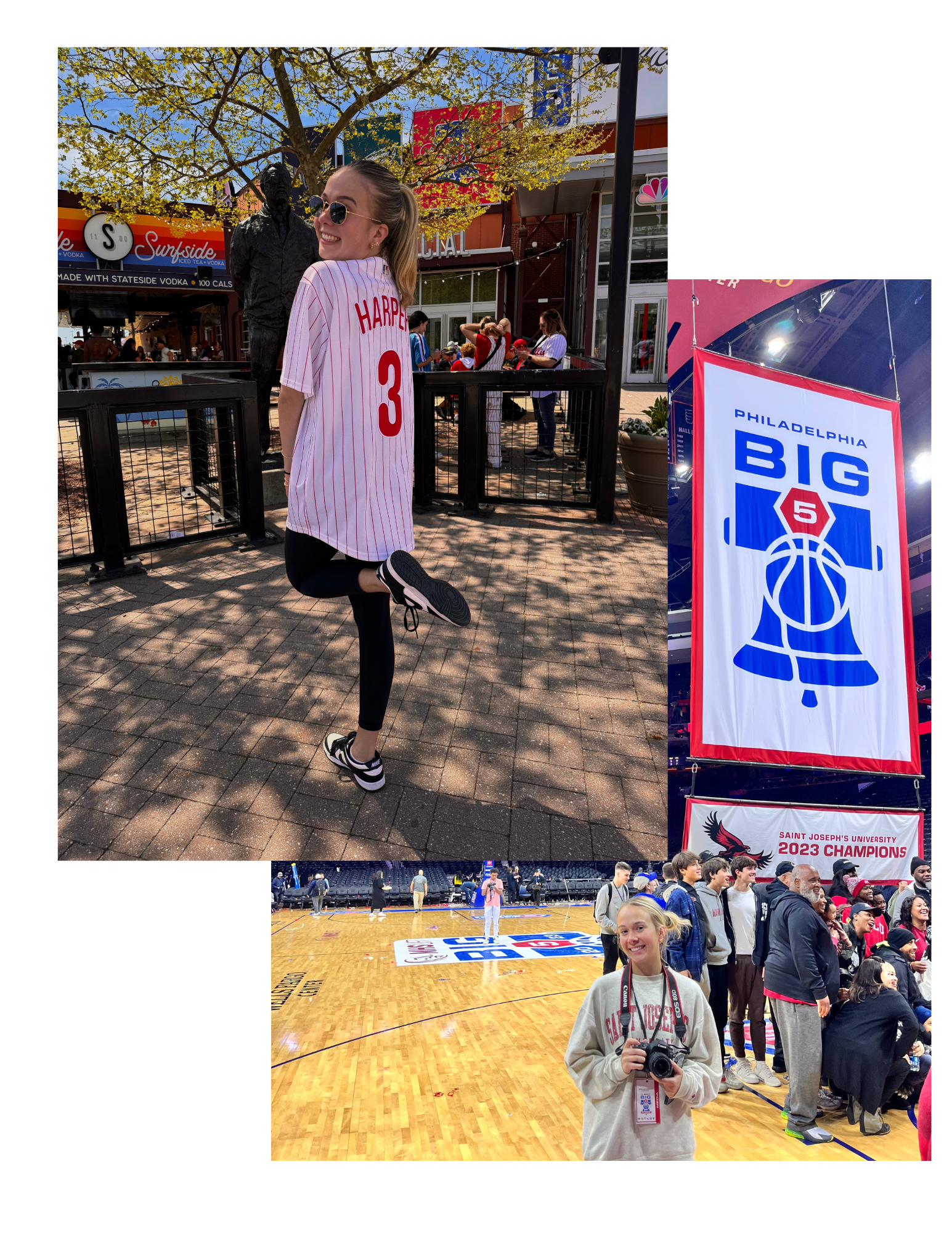 Two overlapping photos of AnnE Potter. A woman with blonde hair. In one image she is wearing a phillies jersey with her right leg up and in the other photo she is wearing a light grey Saint Josephs university crewneck, holding a camera and smiling.